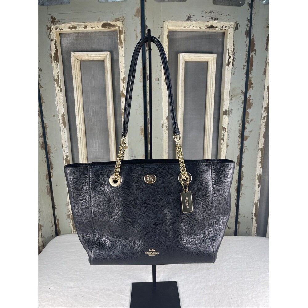 COACH 56830 Black Pebbled Leather Chain Tote Shoulder Bag Gold Hardware